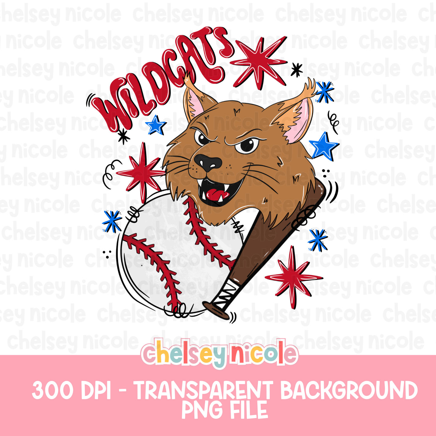 Wildcats Baseball PNG | Wildcat Mascot PNG | Hand Drawn Baseball Digital Design