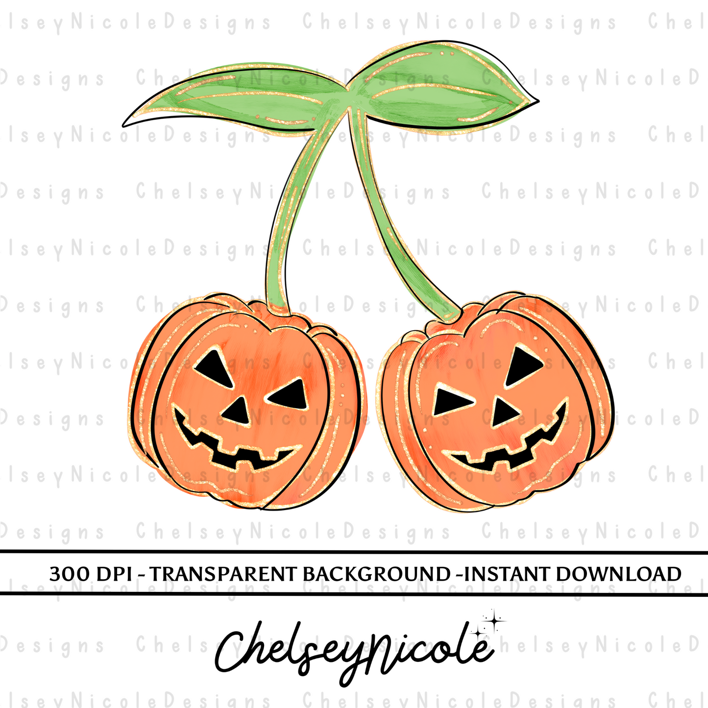 Glitter Pumpkin Cherries PNG | Pumpkin Glitter Cherry Digital Design | Preppy Glitter Pumpkin Design