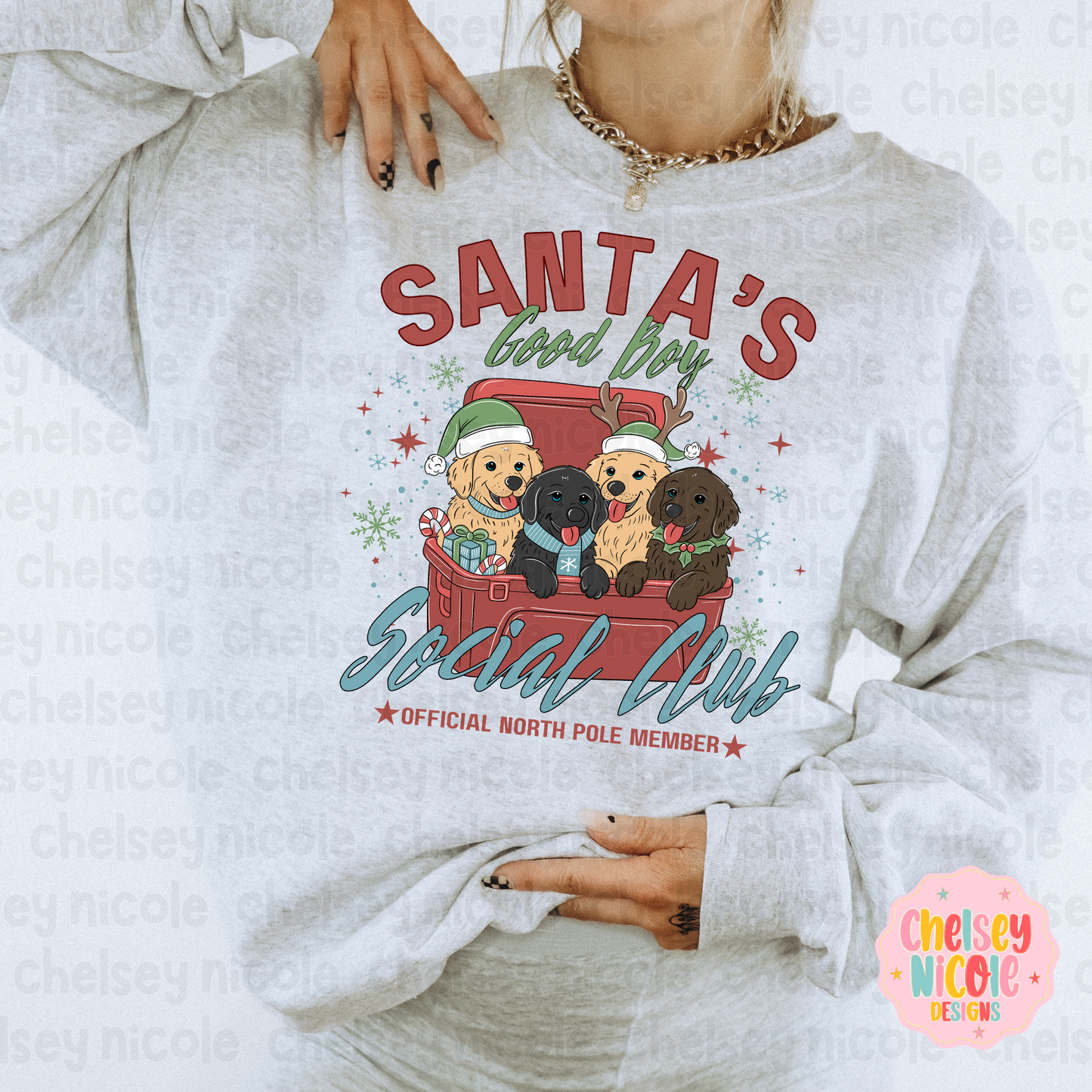 Santas Good Boy Social Club | Golden Retriever Christmas PNG | Christmas Social Club PNG | Design for DTF and Sublimation