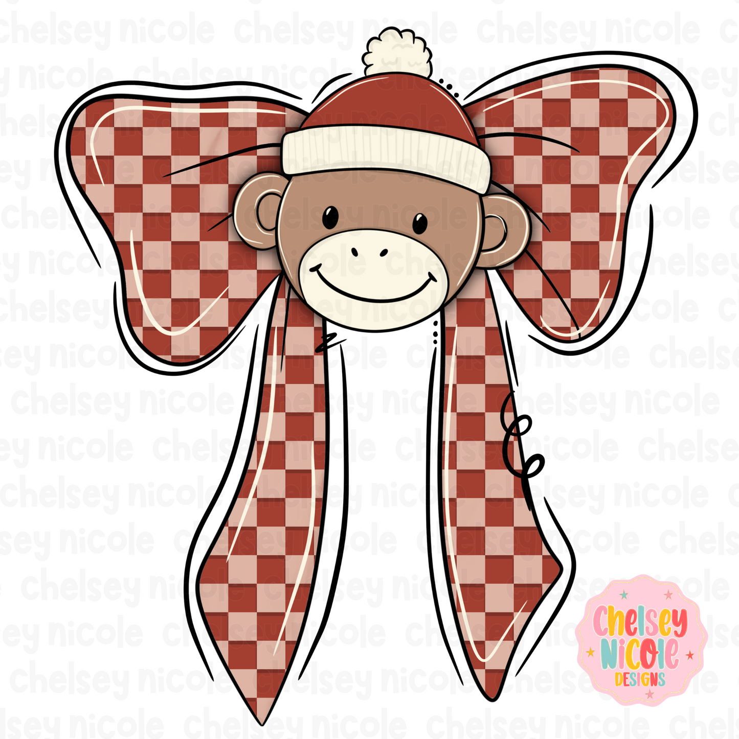 Sock Monkey Bow PNG | Sock Monkey Hand Drawn Design | Cute Sock Monkey Design | Designs for Sublimation and Dtf