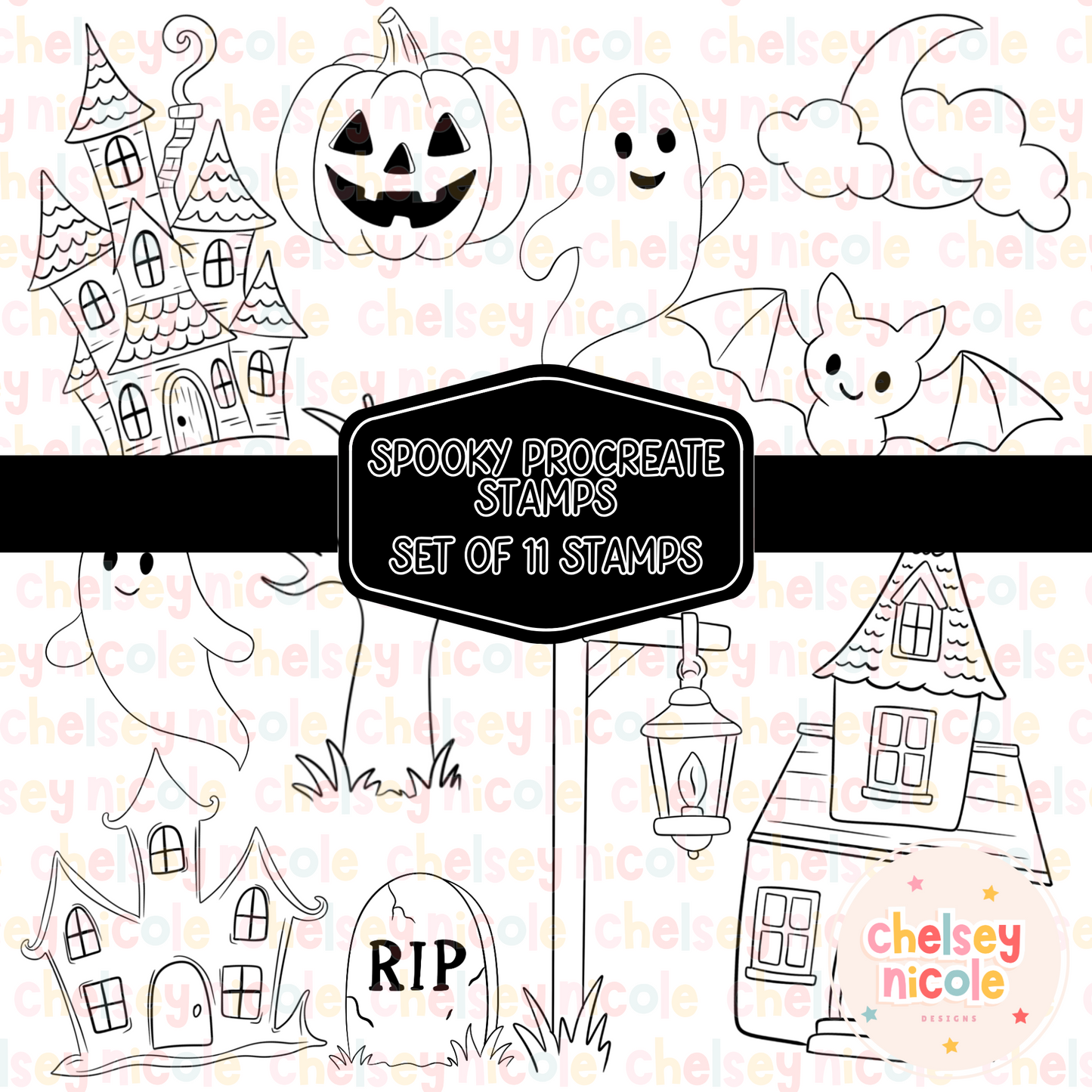 Spooky Halloween Procreate Brush Stamp Set - Haunted Manison/Hanuted House Procreate Stamps - Easy to use Procreate stamp set