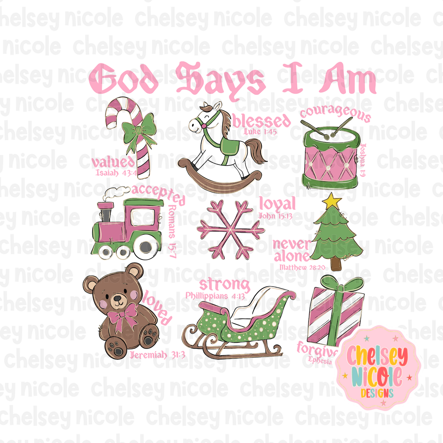 God Says I am Christmas PNG | Christian Christmas PNG | Pink/Green Christmas PNG | Kids Christmas PNG