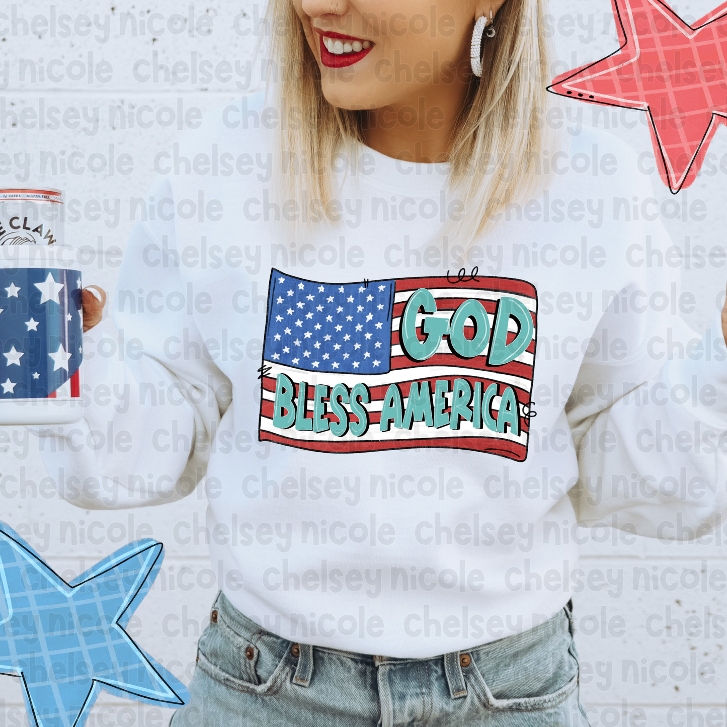 Handlettered God Bless America PNG - American Flag PNG - Blue Teal Red American Flag PNG
