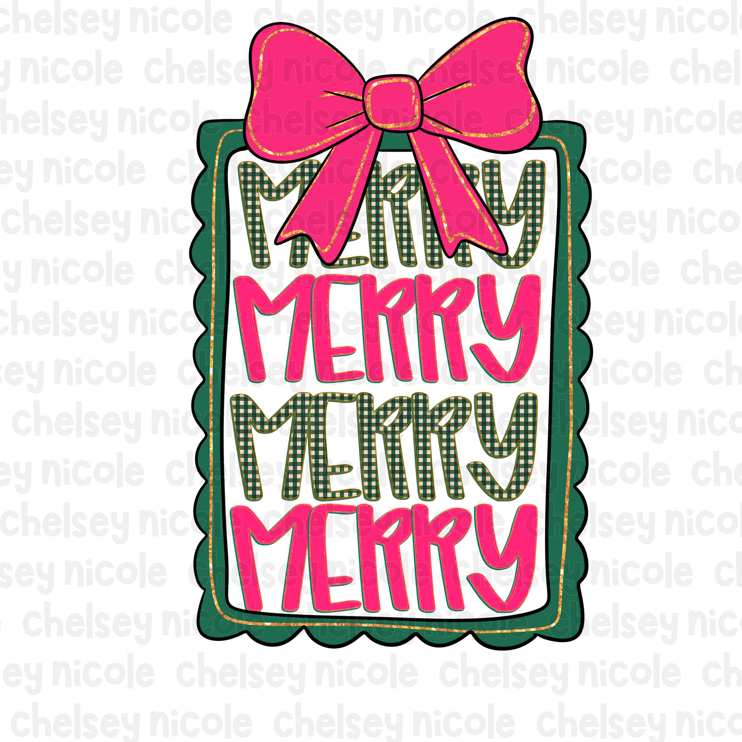 Hand Drawn Merry PNG | Merry Bow Frame PNG | Merry Merry Merry PNG | Bow Christmas PNG - Pink and Green