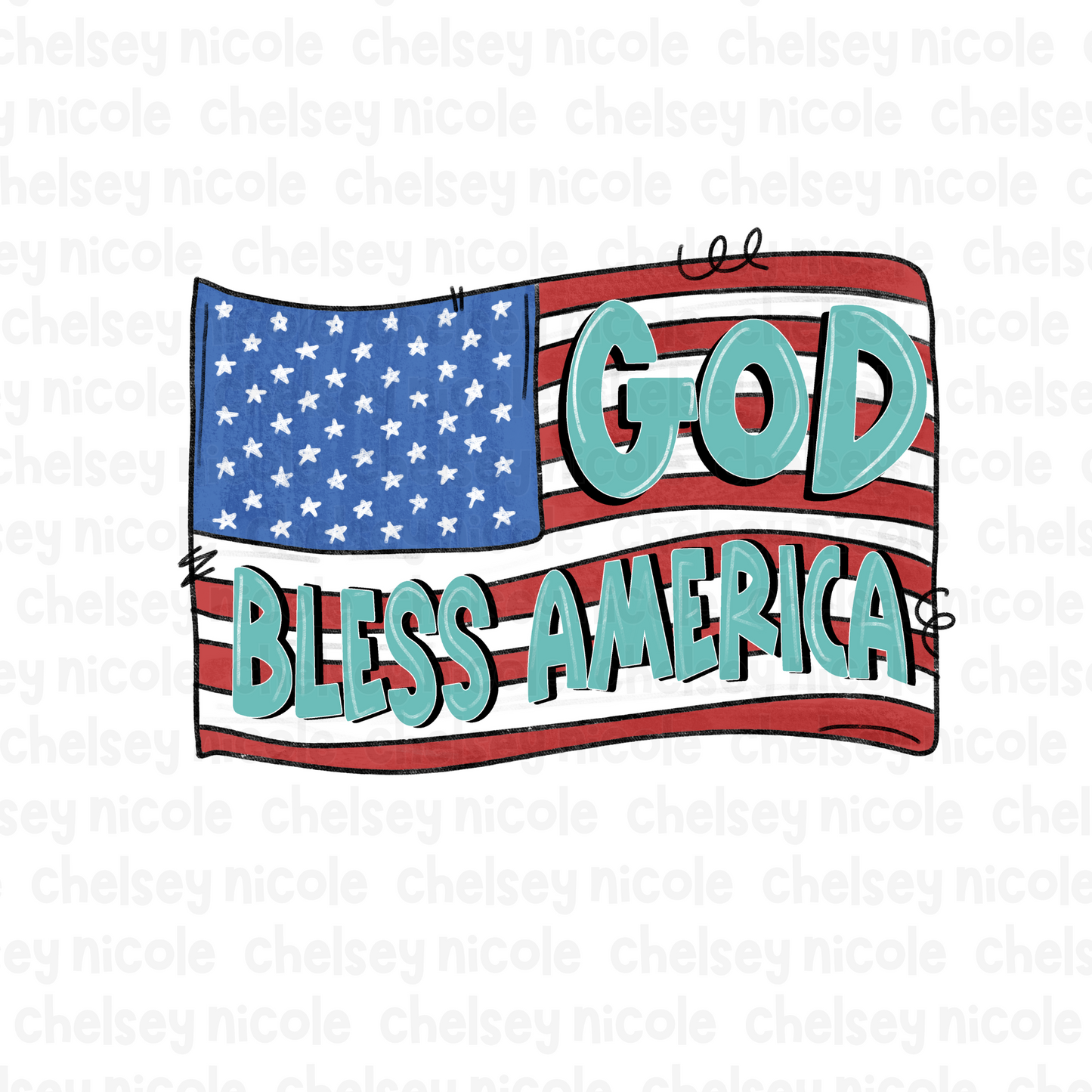 Handlettered God Bless America PNG - American Flag PNG - Blue Teal Red American Flag PNG