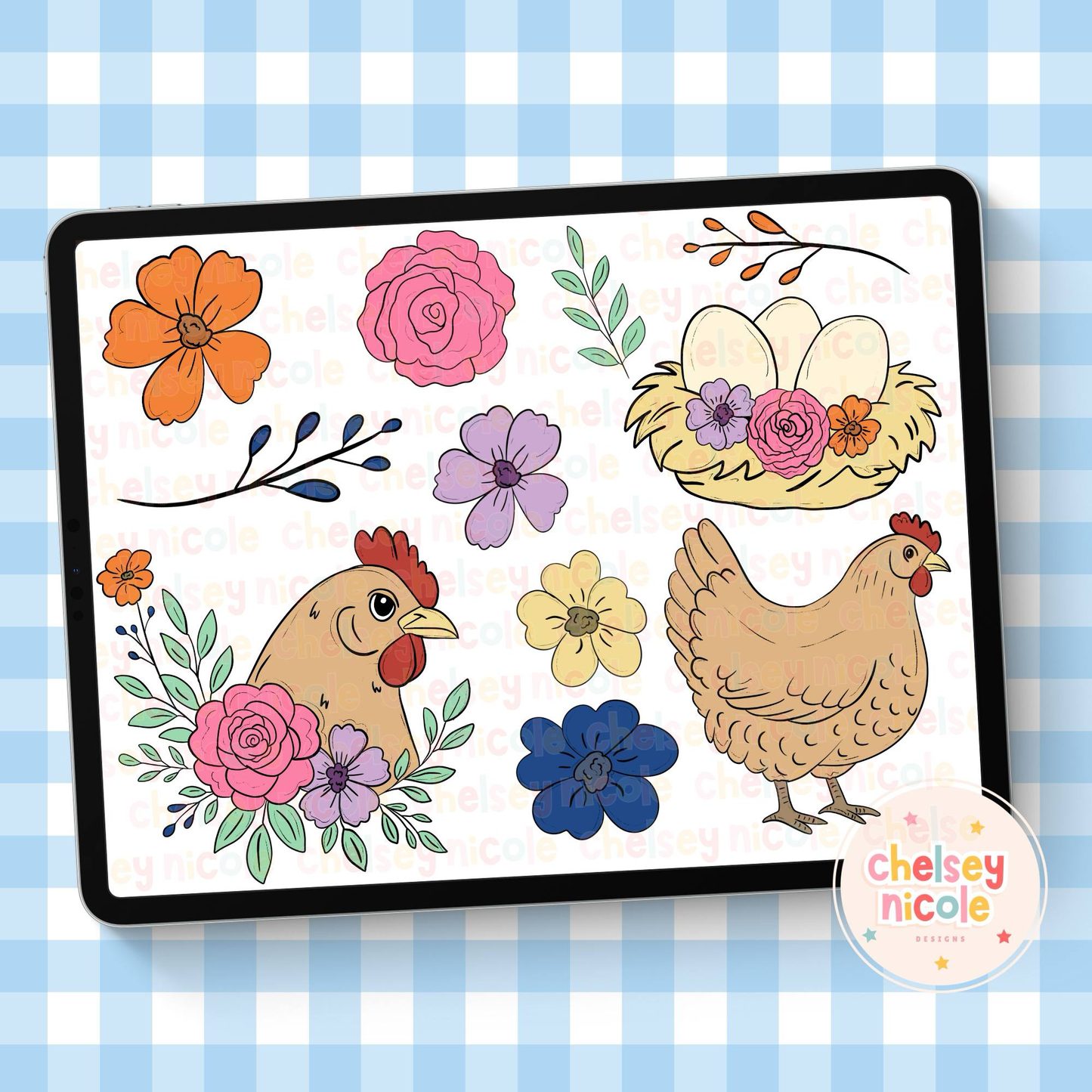 Floral Chicken Clip Art Bundle - Flowers + Chicken Clip art - Commercial Use Clipart