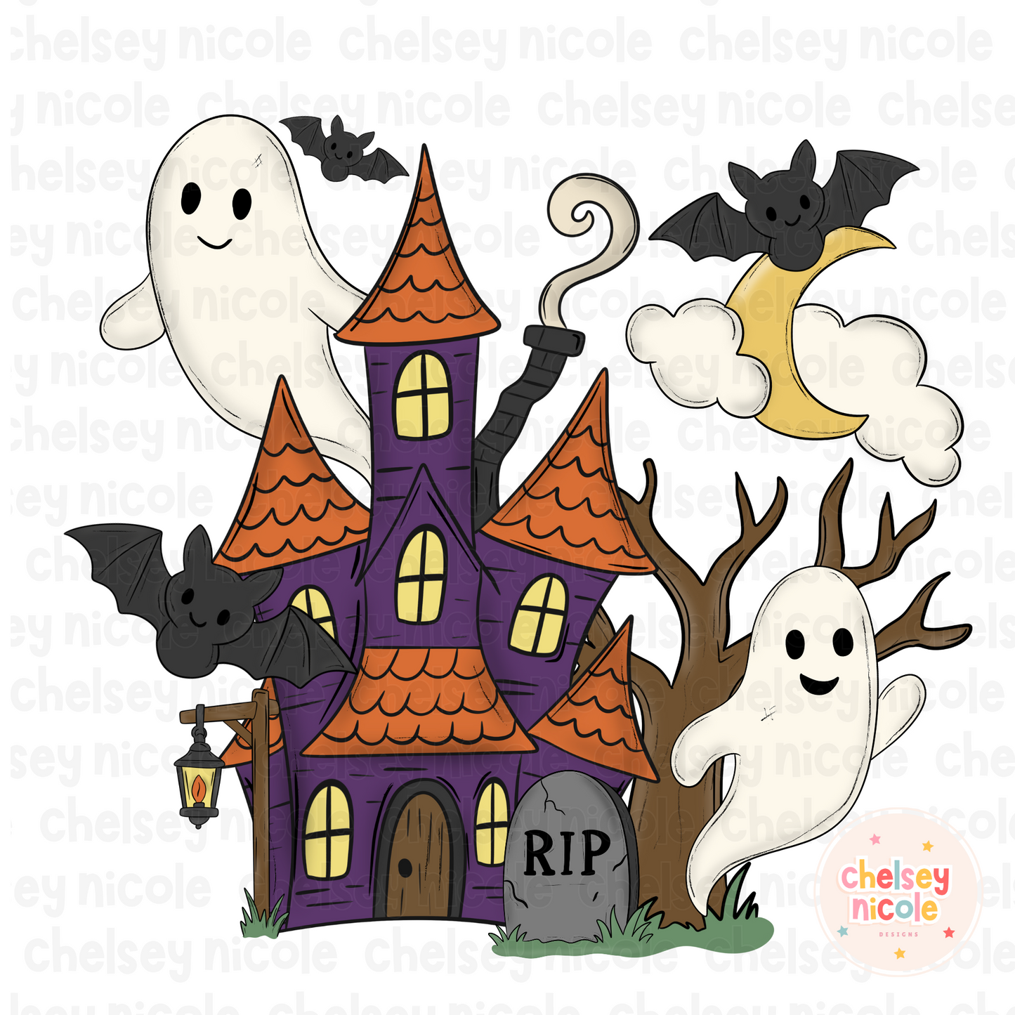 Haunted House Hand Drawn PNG | Halloween Hand Drawn PNG | Ghost and bats PNG | Haunted Mansion PNG