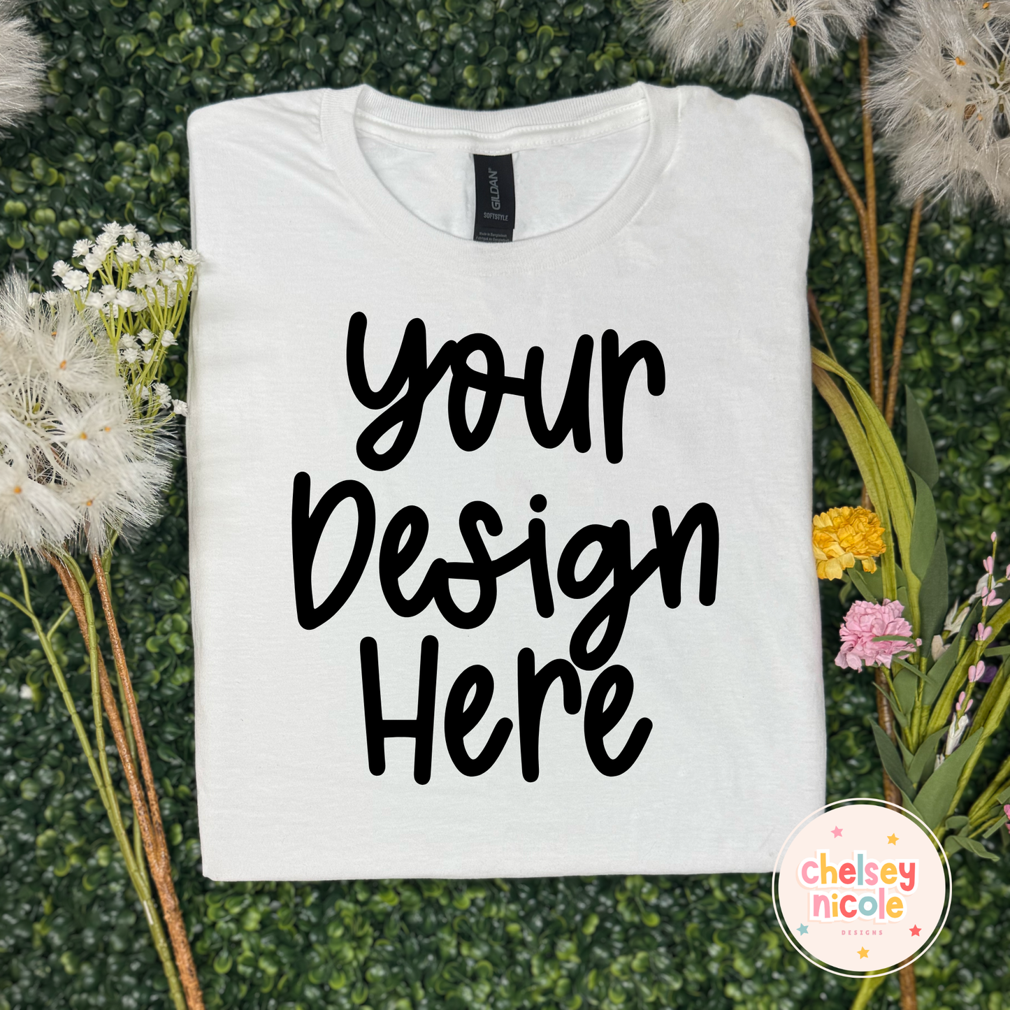 White Gildan Softstyle Spring Mockup - Spring Floral Mockup - Gildan Flatlay Mockup