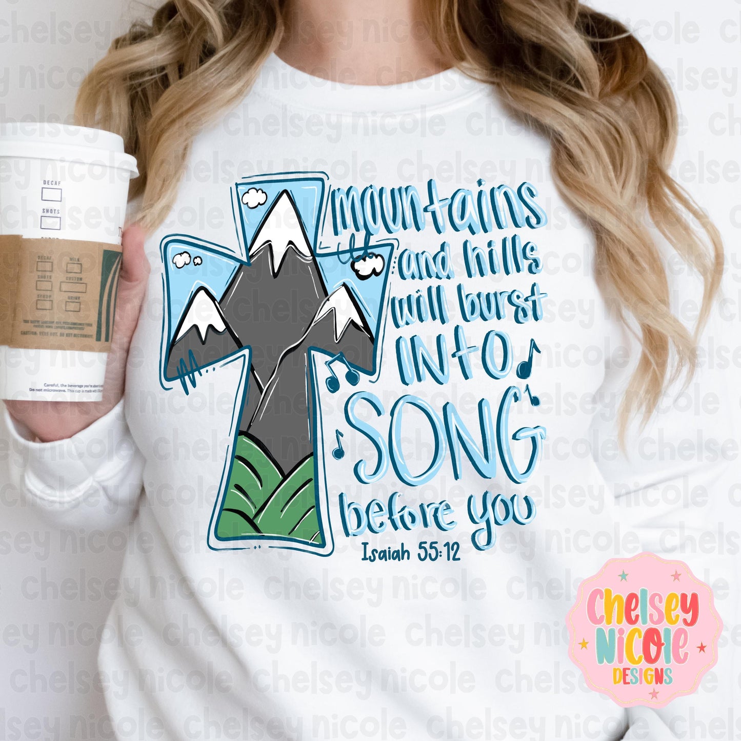 Mountains and Hills will burst into song PNG | Hand drawn mountain cross PNG | Scripture PNG | Bible verse design | Boys religious design