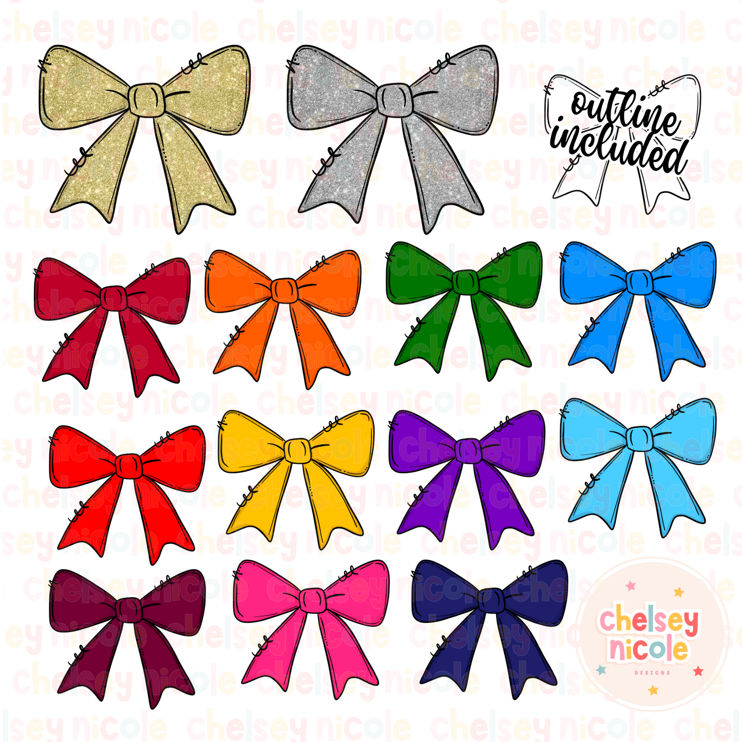 Doodle Bow Clip Art Bundle - Hand Drawn Bows - Outline Included
