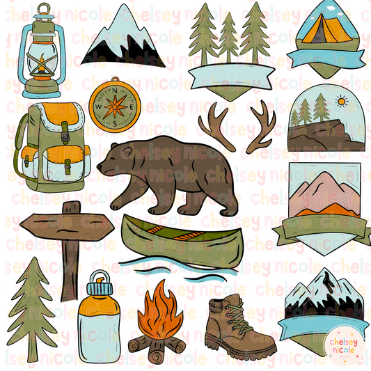 Adventure Camping Bundle - Outdoors Muted Clip Art - Men Clip Art - Nature Clip Art