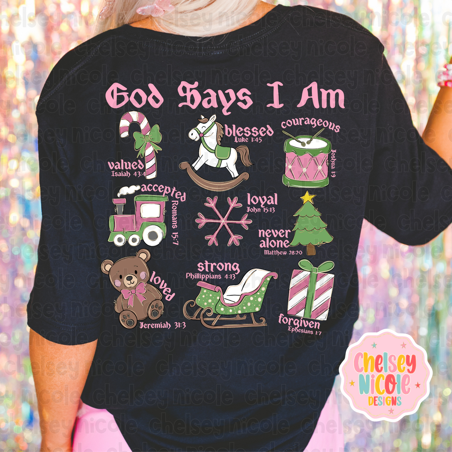 God Says I am Christmas PNG | Christian Christmas PNG | Pink/Green Christmas PNG | Kids Christmas PNG