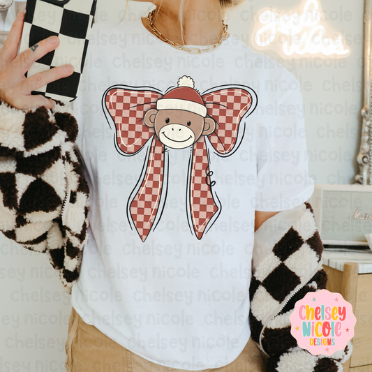 Sock Monkey Bow PNG | Sock Monkey Hand Drawn Design | Cute Sock Monkey Design | Designs for Sublimation and Dtf