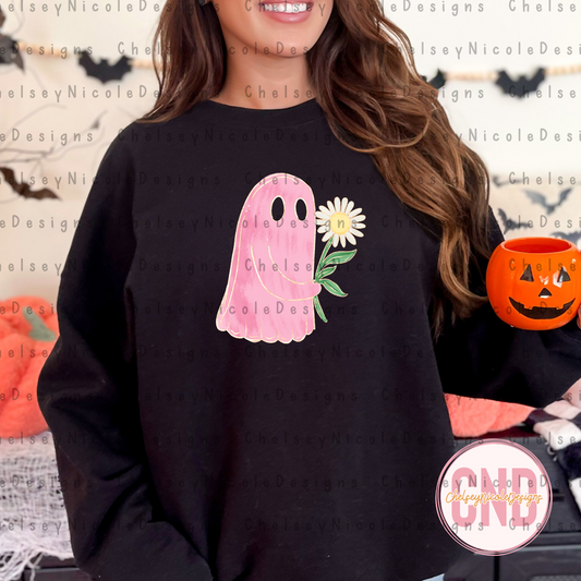Glitter Ghost with Flower PNG | Glitter Painted Ghost PNG | Girly Ghost Halloween Digital Design