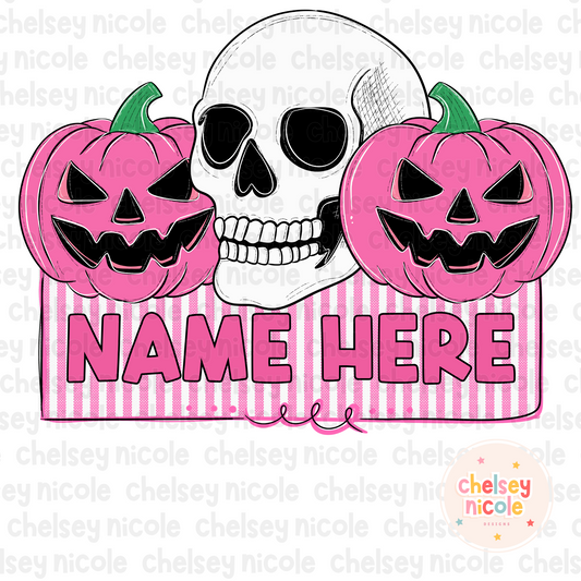 Pink Halloween Name Plate | Pumpkin Skull Name Plate | Cute Girl Halloween Name Plates