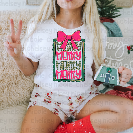 Hand Drawn Merry PNG | Merry Bow Frame PNG | Merry Merry Merry PNG | Bow Christmas PNG  - Pink and Green