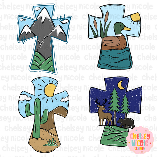 4 Hand Drawn Scenic Crosses | Painted Cross Clipart | Christian Clipart