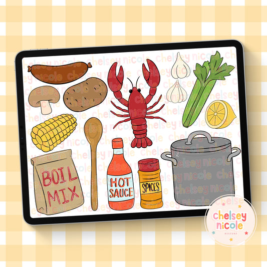 Crawfish Boil Clipart Bundle - Seafood Clipart Bundle - Hand Drawn Clipart