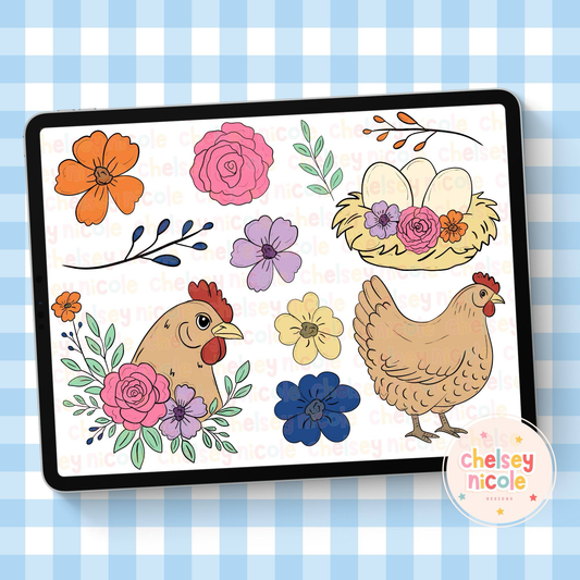 Floral Chicken Clip Art Bundle - Flowers + Chicken Clip art - Commercial Use Clipart