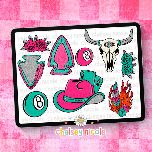 Retro Rodeo - Pink and Turquoise Western Clipart Bundle - Punchy Cowgirl Clip Art Bundle