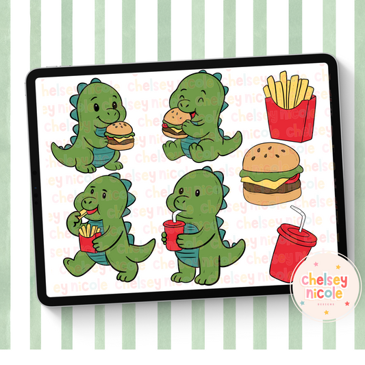Hungry Dinosaur Clip Art Bundle - Hamburger, Fries Clipart - Dino Clip Art