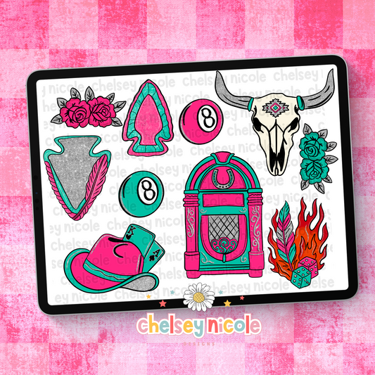 Retro Rodeo - Pink and Turquoise Western Clipart Bundle - Punchy Cowgirl Clip Art Bundle