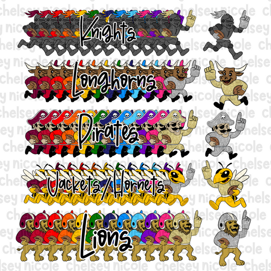 Friday Night Light Mascots (Part 1) - Football Mascots - Glitter mascots. Yellow Jackets, Longhorns, Knights, Pirates, Lions