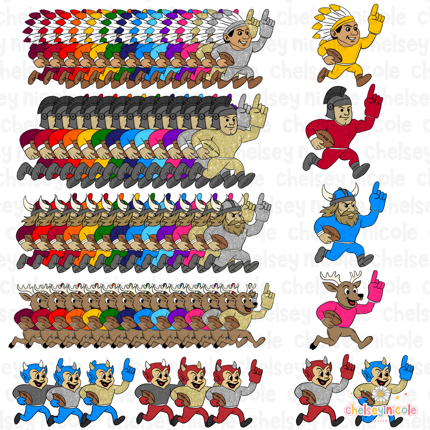 Friday Night Light Mascots (Part 2) - Football Mascots - Glitter mascots. Red/Blue Devils, Indians, Deer, Gladiators, Trojans, Vikings