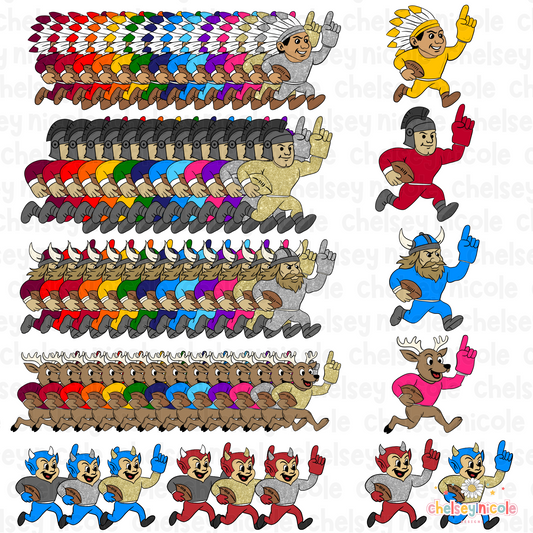 Friday Night Light Mascots (Part 2) - Football Mascots - Glitter mascots. Red/Blue Devils, Indians, Deer, Gladiators, Trojans, Vikings