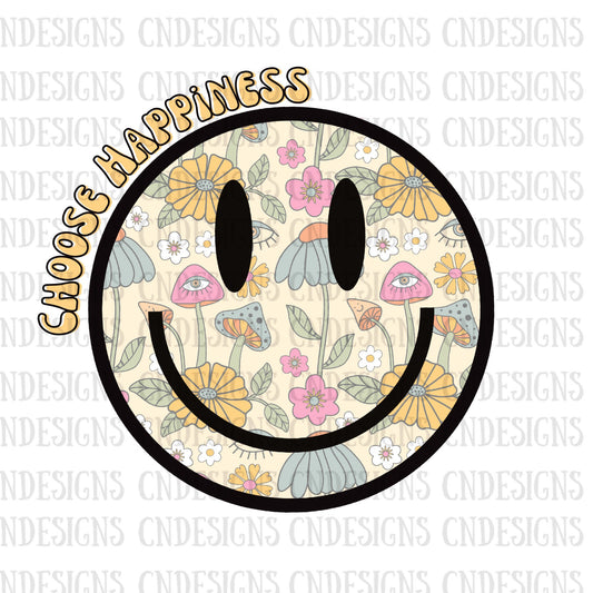 Choose Happiness Smiley Face PNG | Retro Boho Png | Groovy Smiley Face PNG | Groovy Smiley Png| Smiley Mushroom png | Retro Smiley face PNG