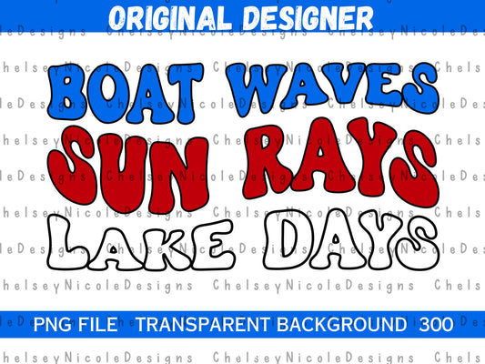 Boat Waves Sun Rays Lake Days Retro PNG | Patriotic Lake Days PNG | Patriotic 4th of July PNG